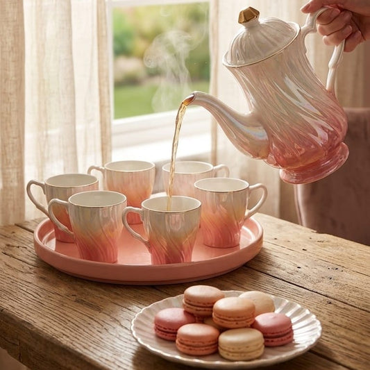 8pc luxury ceramic tea and coffee set with pink white gradient design, teapot, cups, and serving tray. 