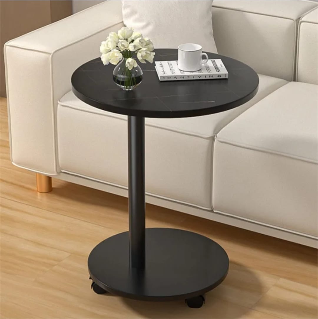 Round Wooden Coffee Side Table with Wheels