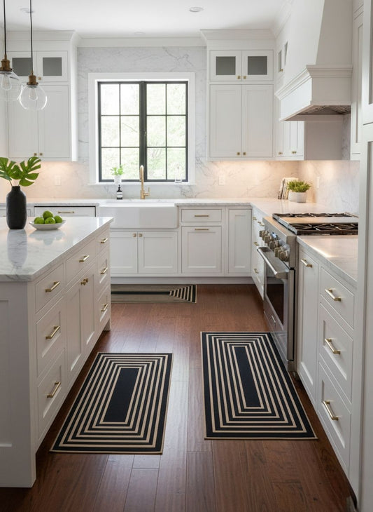 2-piece Black and tan geometric kitchen floor mat set with non-slip backing.