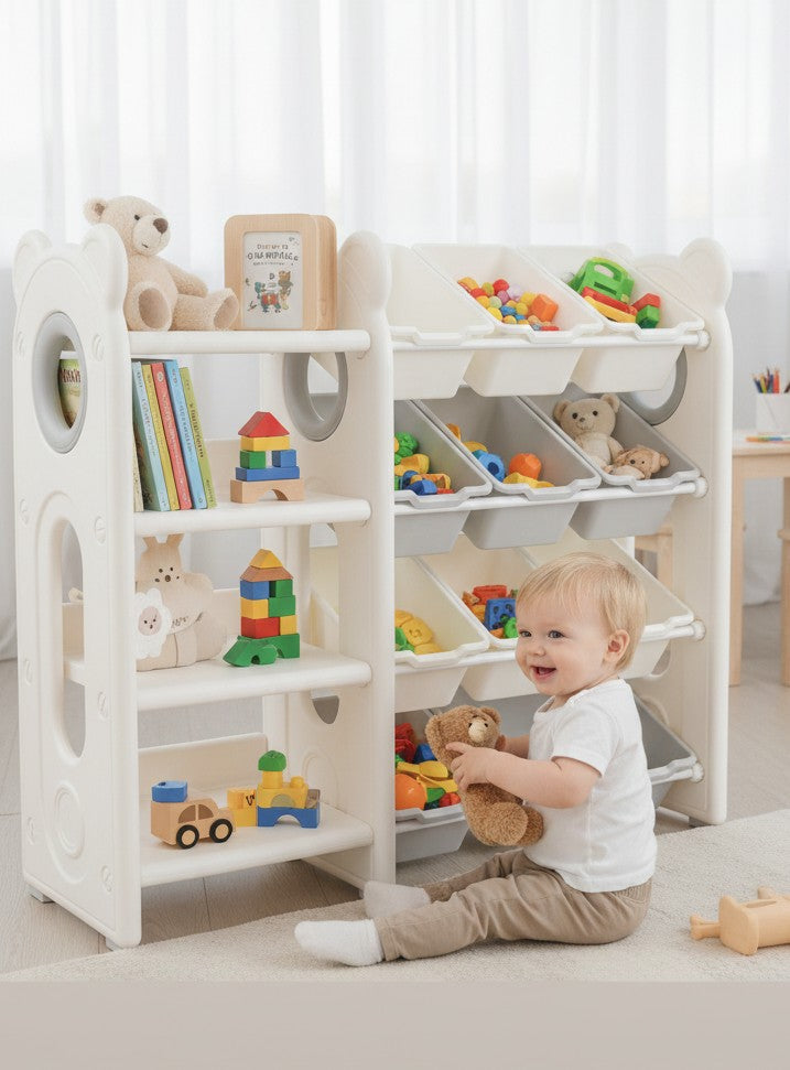 Toddler storage shelves with angled open bins for toys and books