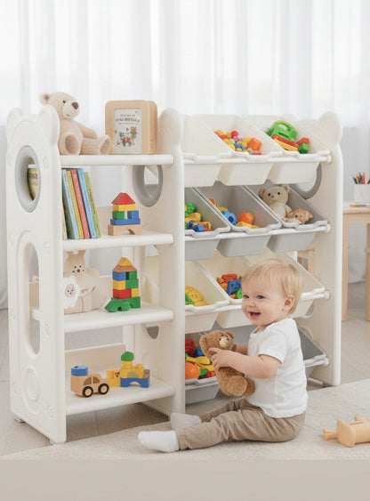 Toddler storage shelves with angled open bins for toys and books