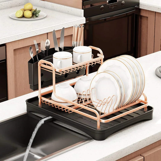 Gold aluminum kitchen dish drying rack with drainer and cutlery holder