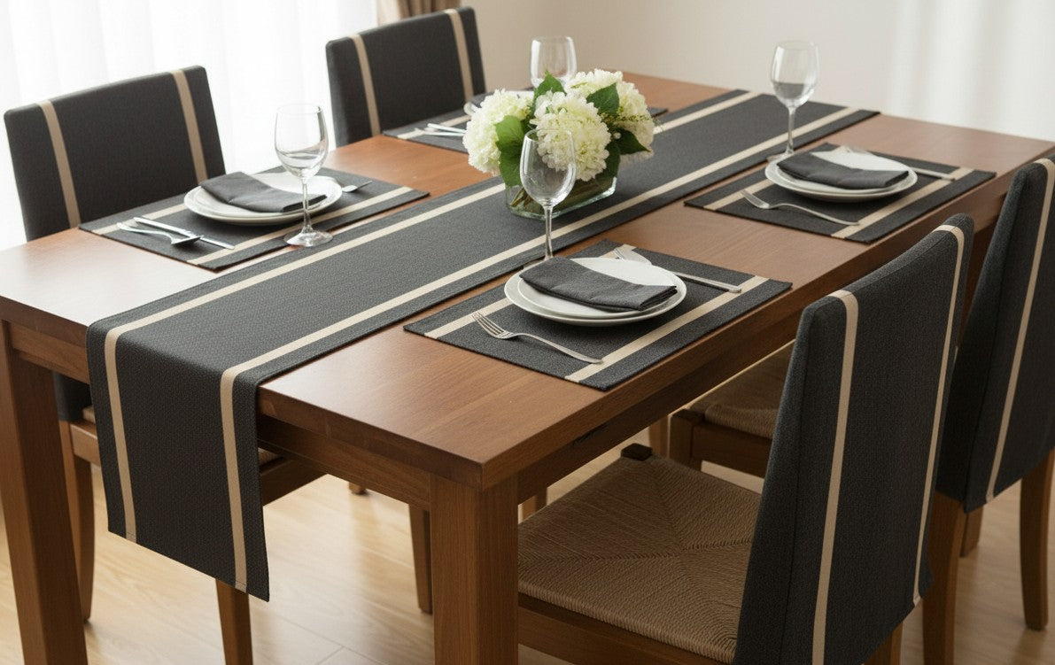 6-piece dining table mats and runner set with runner size 180 × 30 cm