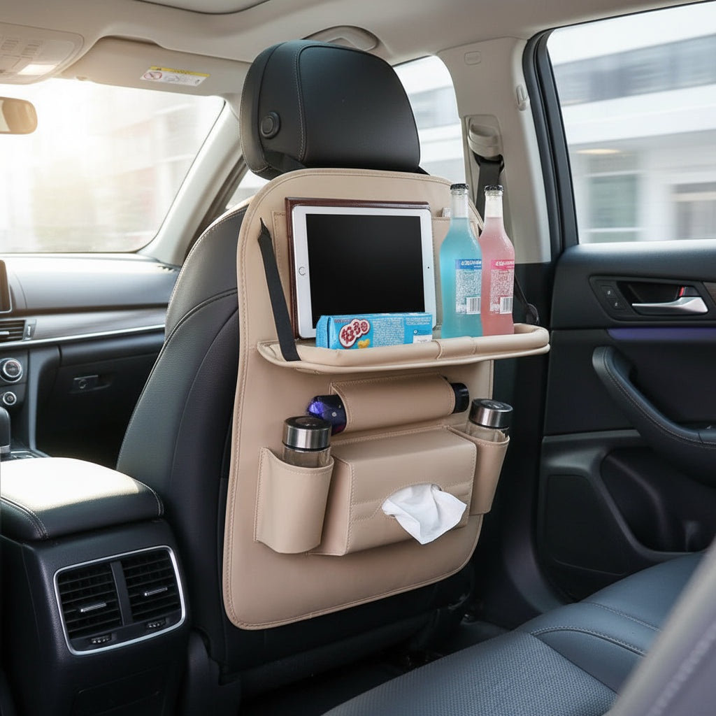 Gemelli Collections multifunctional leather car back seat organizer with dining tray, tissue holder, and cup compartments