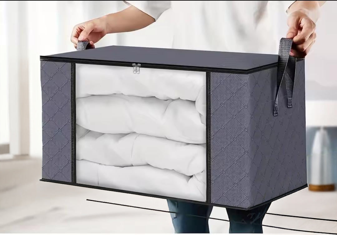 Black foldable fabric clothes storage bag with clear window and handles