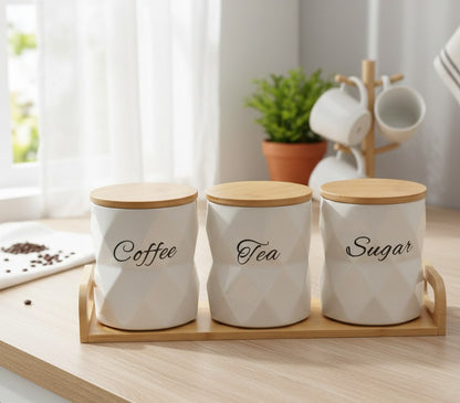 3Pc Ceramic Canisters Set with Bamboo Stand