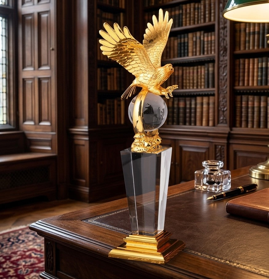 Metal eagle sculpture trophy, elegant decorative award for corporate, home, or office display. 🦅✨