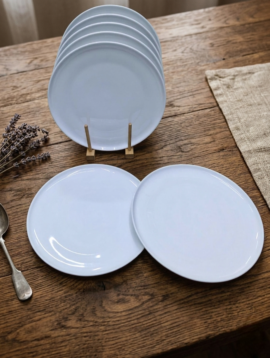 Set of 6 elegant white 10.5 inch ceramic dinner plates suitable for microwave and dishwasher use