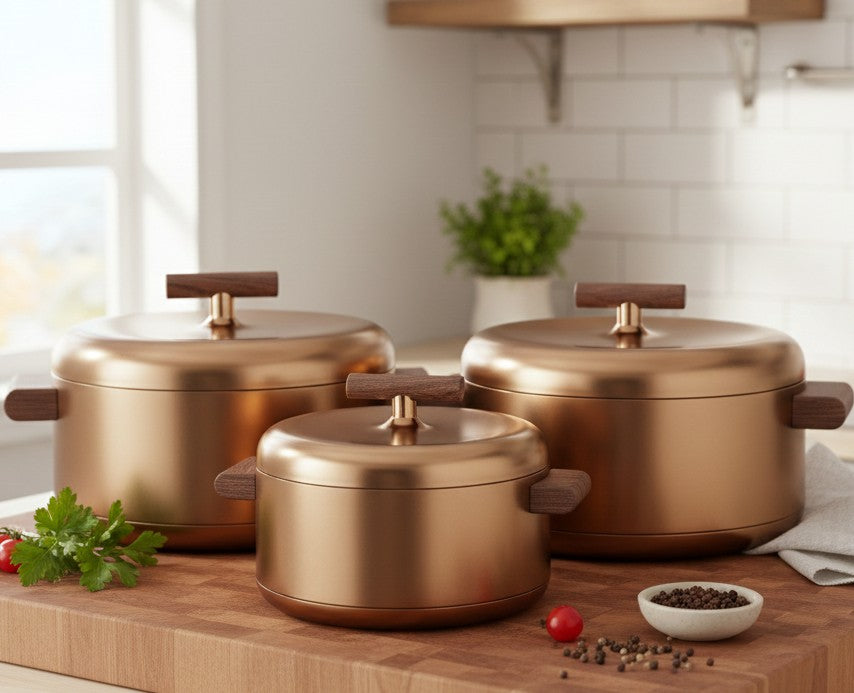 Forever Gold insulated hotpots in 1L, 2L, and 3.5L capacities.

