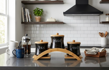 3 Piece piece white kitchen canister set with a decorative golden rack for stylish countertop storage