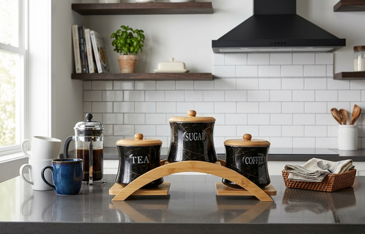 3 Piece piece white kitchen canister set with a decorative golden rack for stylish countertop storage