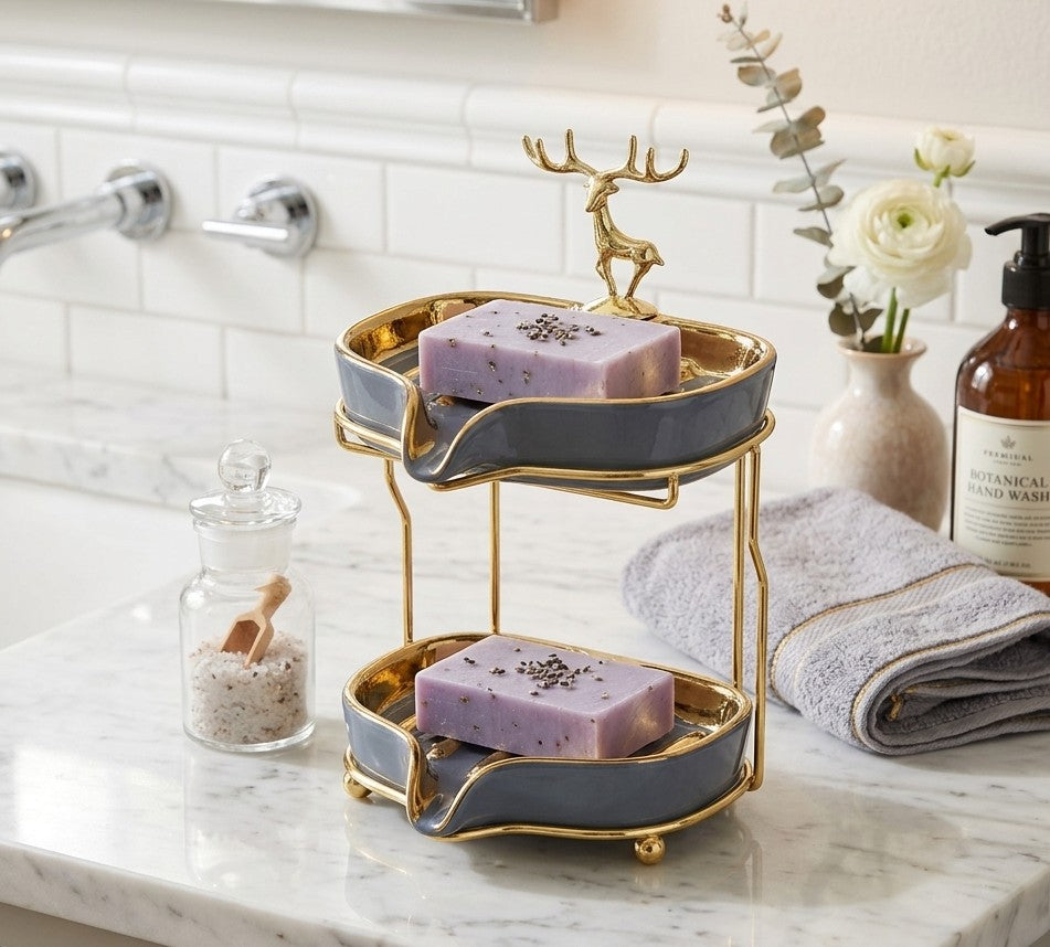 Nordic double ceramic soap holder in grey and white, modern bathroom organizer for keeping soaps clean and dry.