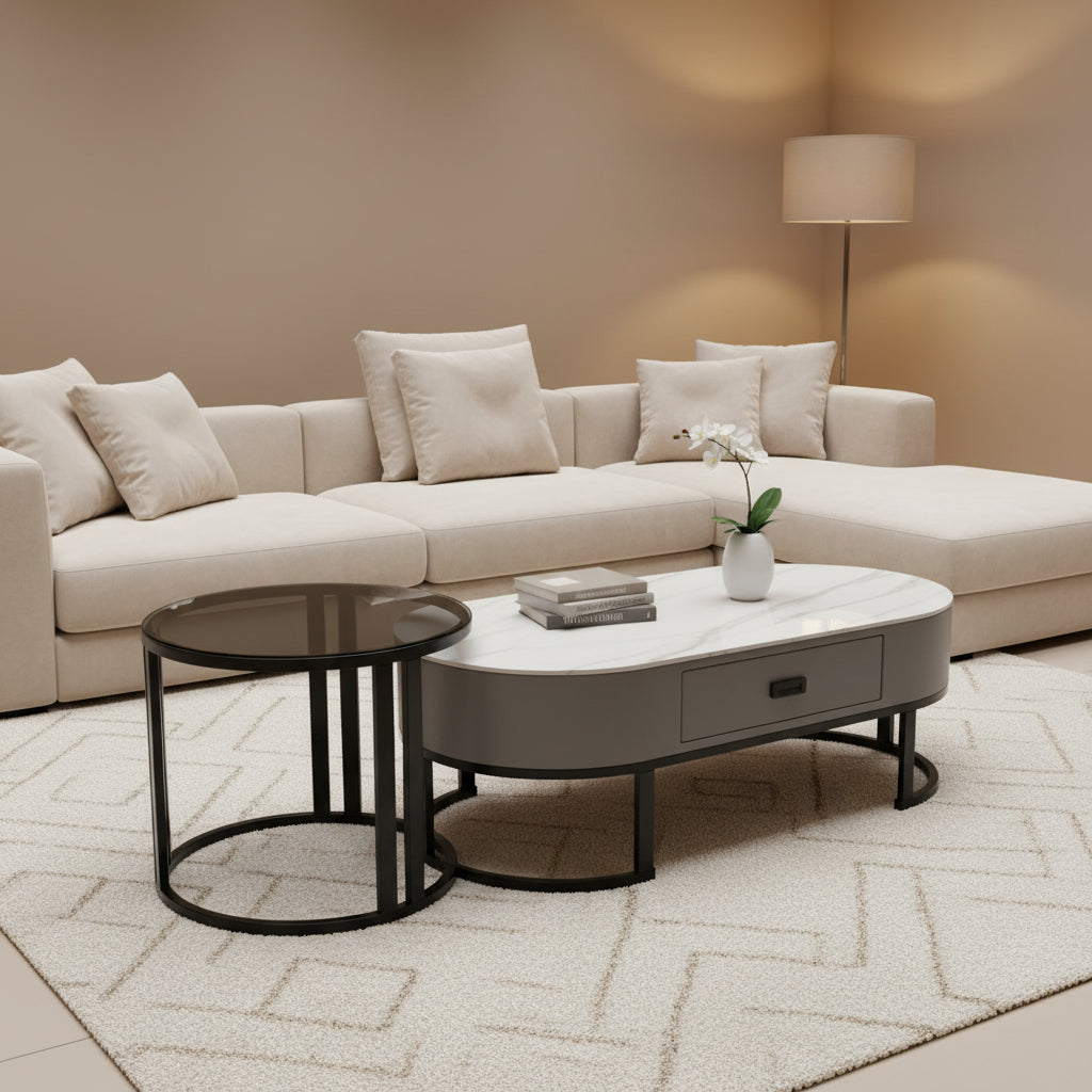 Dawood Lifestyle & Gadgets kes oval coffee table set FCT 002 with marble-pattern top, grey storage drawer, smoked glass side table, and black metal frame.