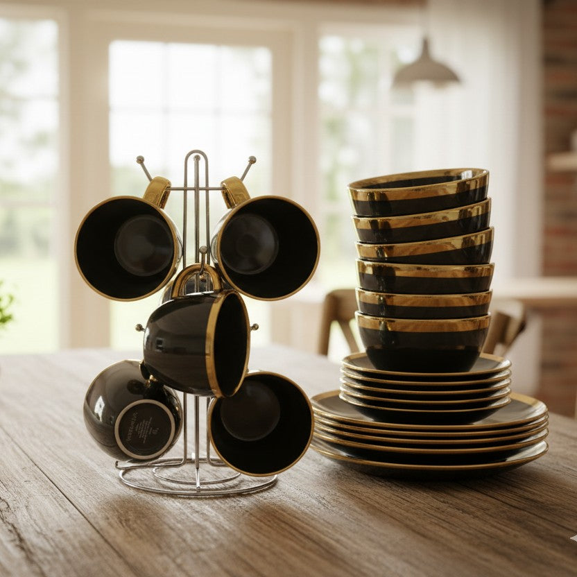 24Pcs Black With Gold Ring Ceramic Dinner Set