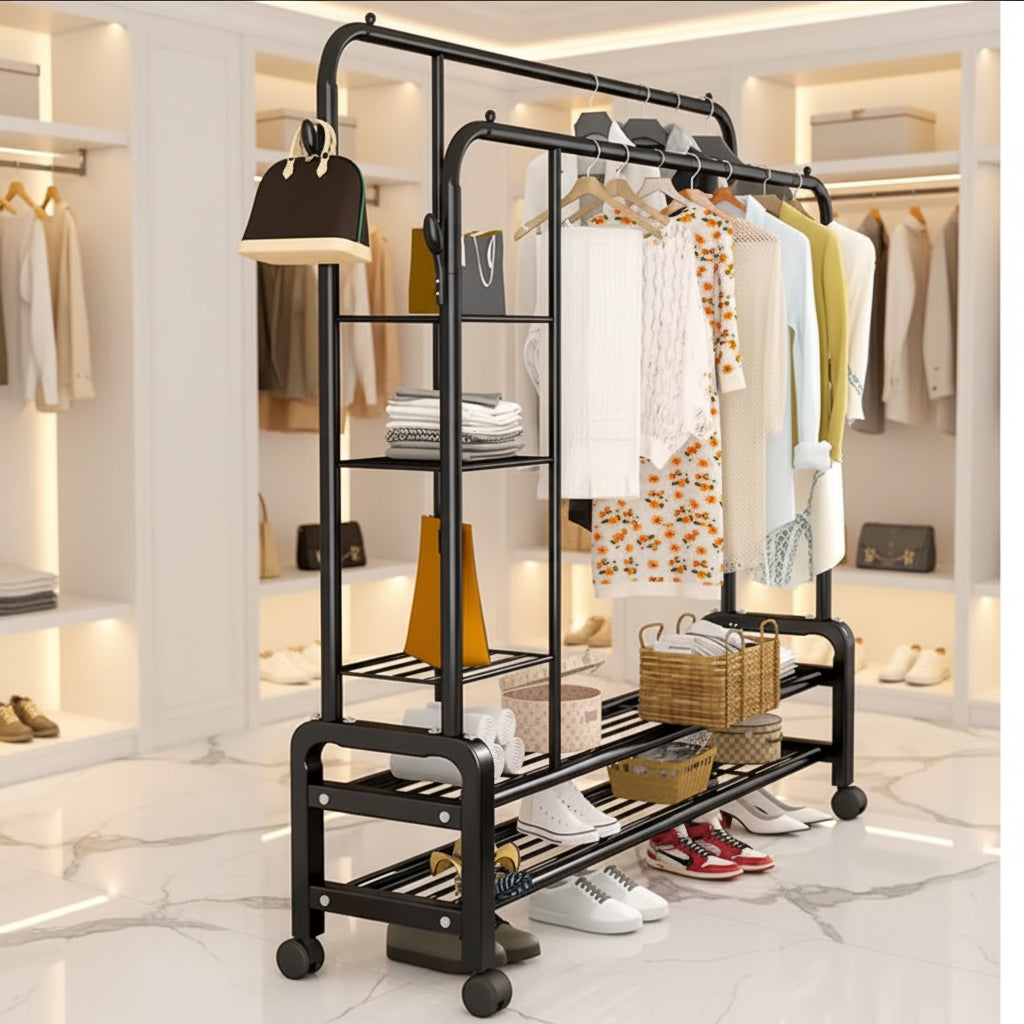 Double layer black mobile garment rack with shelves and double hanging rails for clothes storage