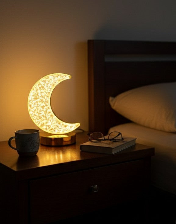 Crystal moon table lamp with soft warm light for bedroom or living room décor