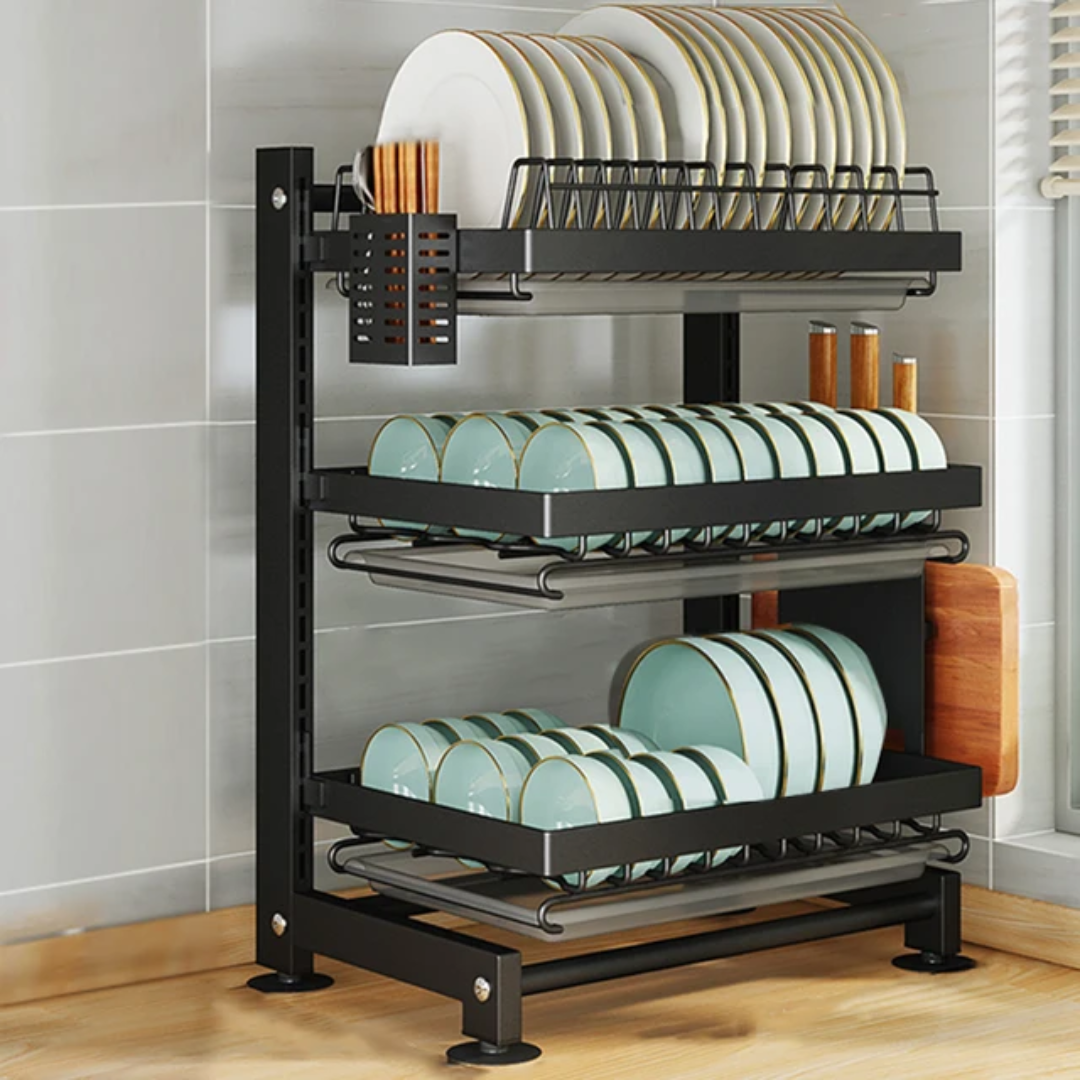 Premium 3 tier black metal dish rack with rust resistant finish and spacious storage for organizing dishes and kitchen essentials.