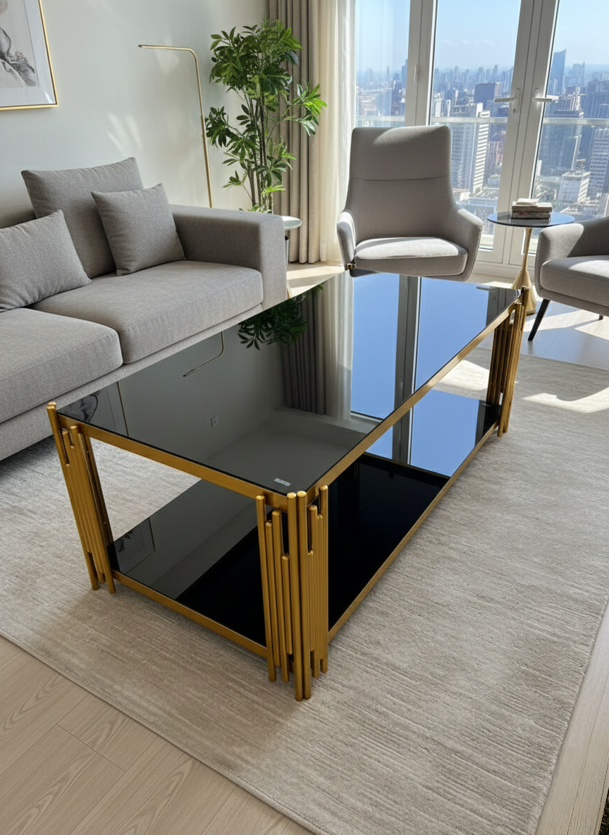 Black and gold glass coffee table with modern design and sturdy frame.