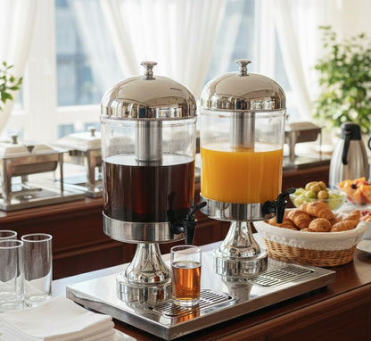 Double clear acrylic juice dispenser with stainless steel stand and covers for serving beverages