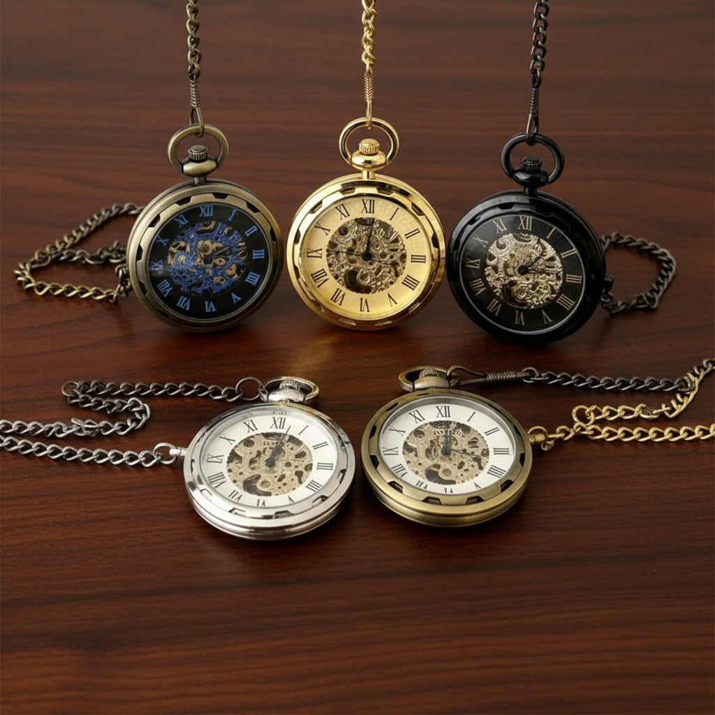 Dawood Lifestyle & Gadgets kes antique skeleton mechanical pocket watch with chain available in gold, silver, bronze, black and blue finishes