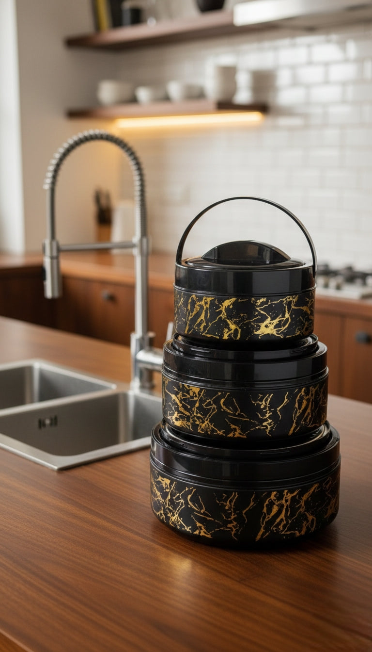 Nordic steel hot pot food warmer with handle in multiple sizes.