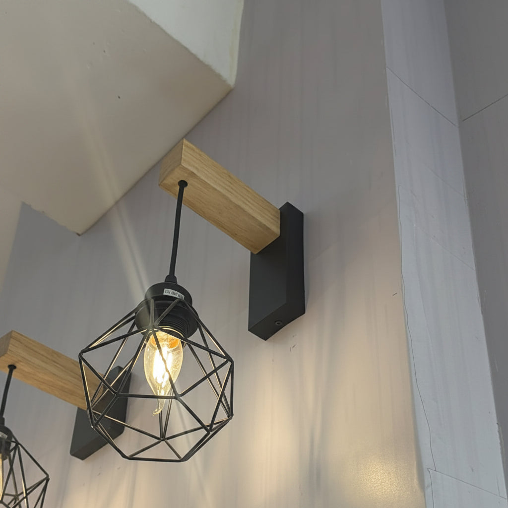 Geometric Black Wall Light with Wooden Accent E27 PL 1140-01-BK