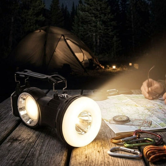 Rechargeable searchlight and camping lantern with dual head lighting and portable handle for outdoor and emergency use.