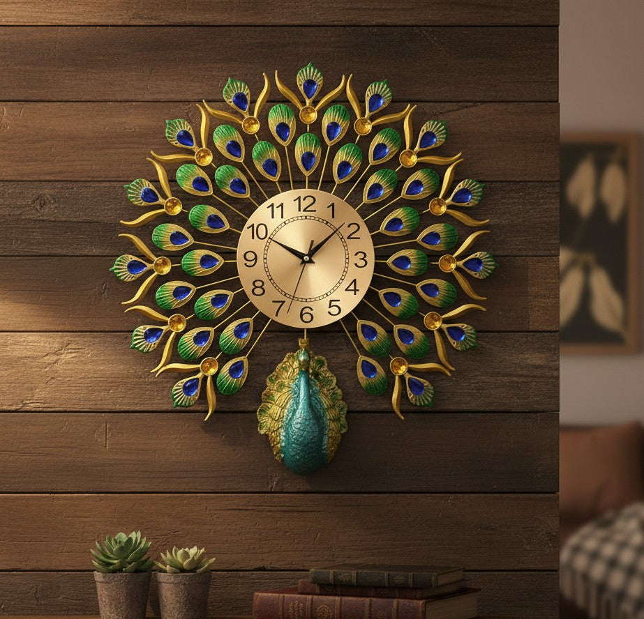 Luxury peacock art metal wall clock with colorful design and silent mechanism