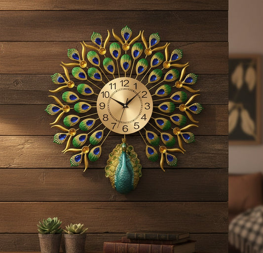 Luxury peacock art metal wall clock with colorful design and silent mechanism