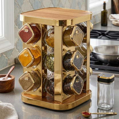 12 Piece Marble Spice Rack With Wooden Top