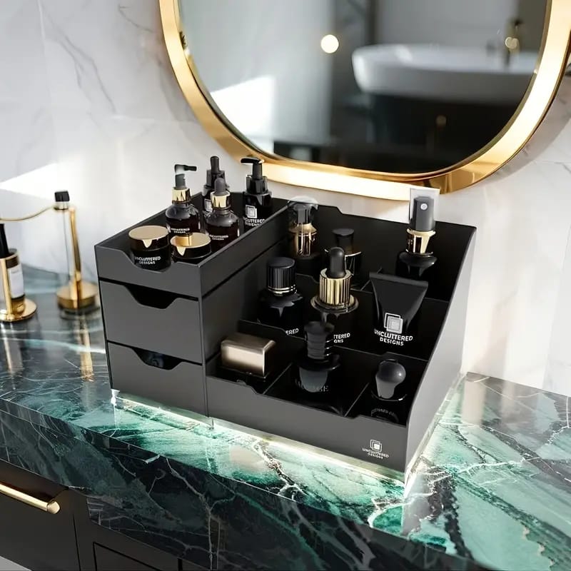 Desktop cosmetic and cologne organizer with multiple compartments for neat storage