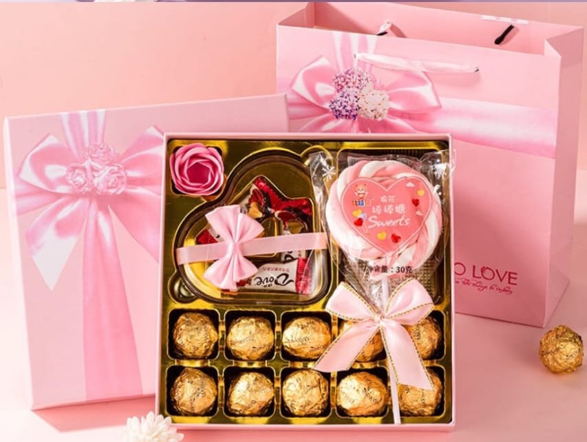 Chocolate gift box with pink and purple design, including matching gift bag for Valentine’s or birthday