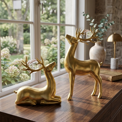 2 Piece Nordic golden deer resin ornaments with crystal ball accents for luxury home décor