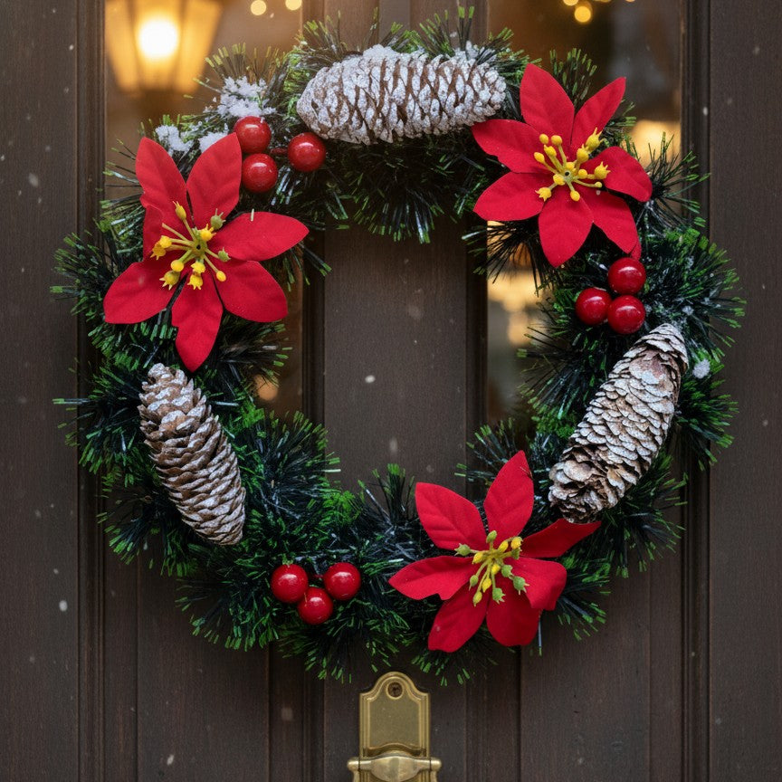 Christmas Wreath With Red Berries, Pine Garland, Corn, And Flowers