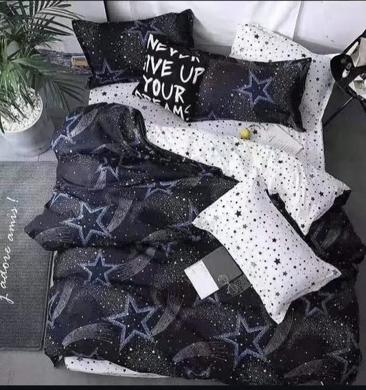 Complete duvet cover set with bedsheet and pillowcases for bedroom use.