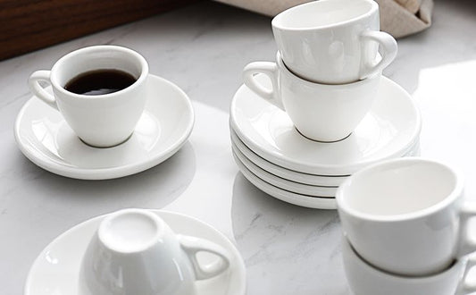 White ceramic cup and saucer set of six with 270 ml cups and matching saucers