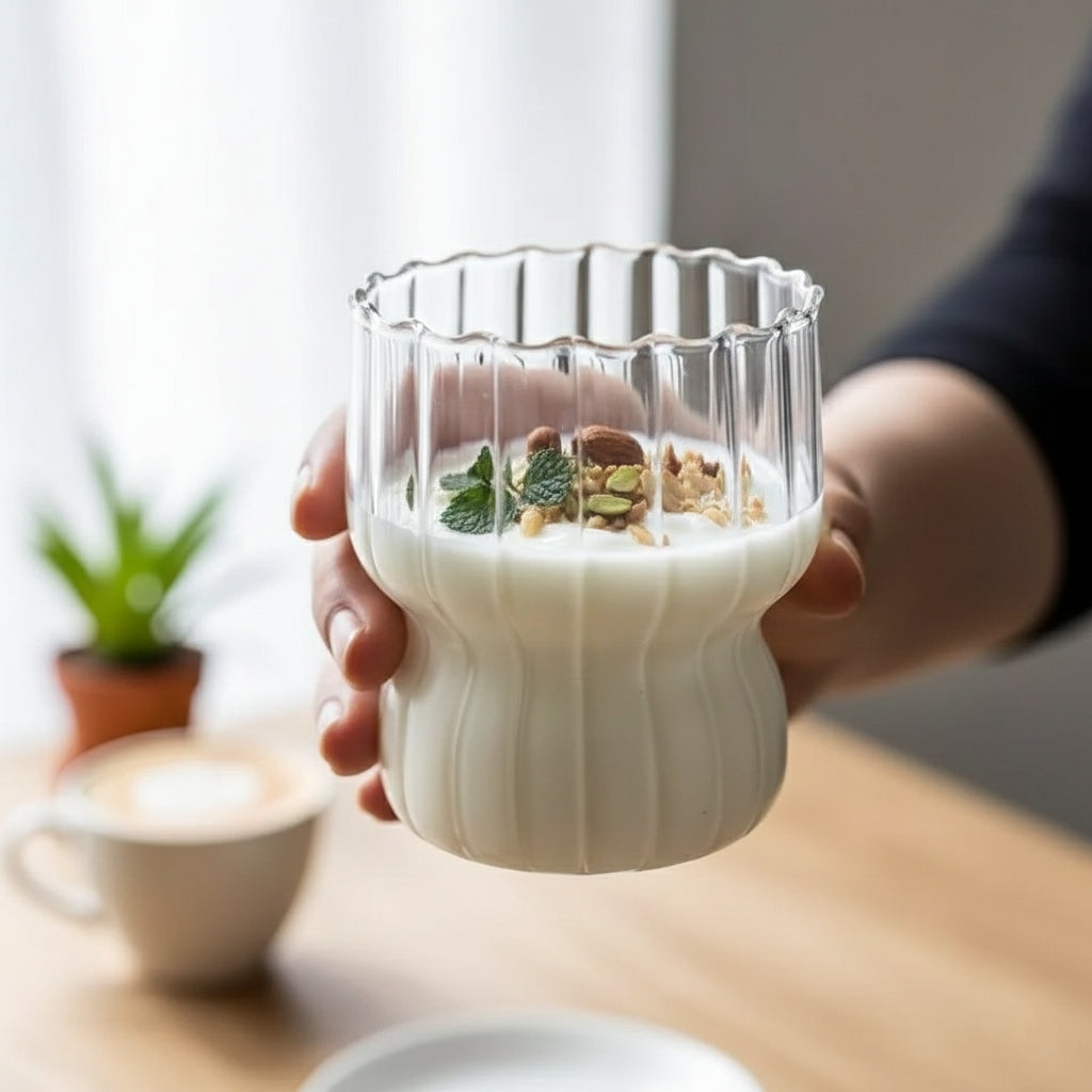 Striped Glass Cup Fat Mug 300ml