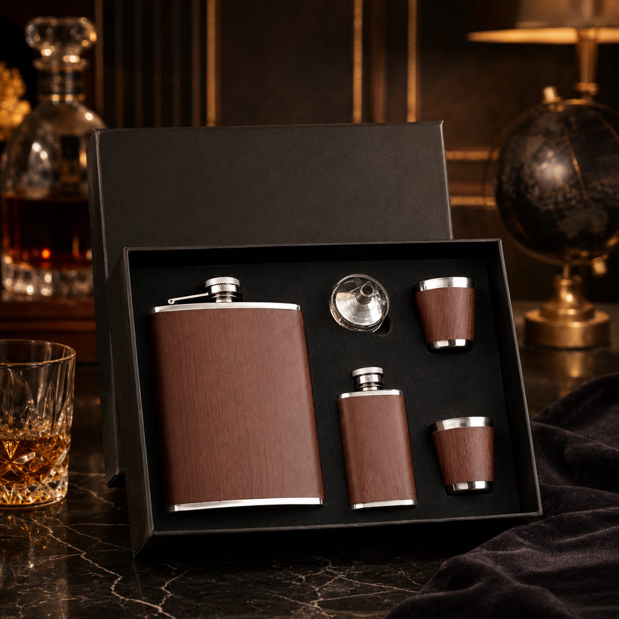Leather-Covered Whiskey Flask Gift Set