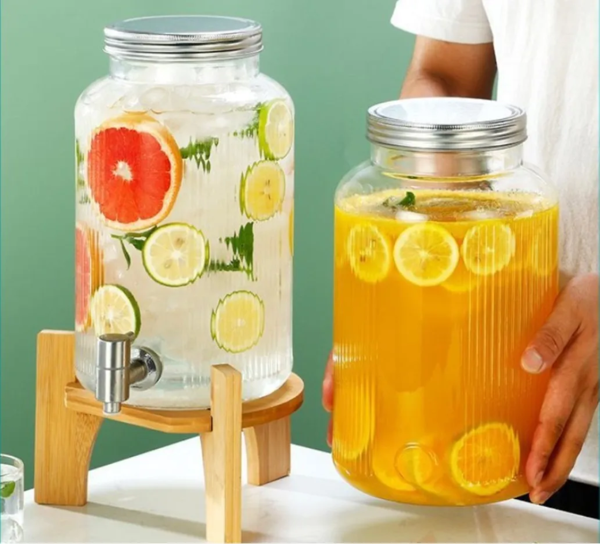 Ribbed Juice Dispenser with Bamboo Stand