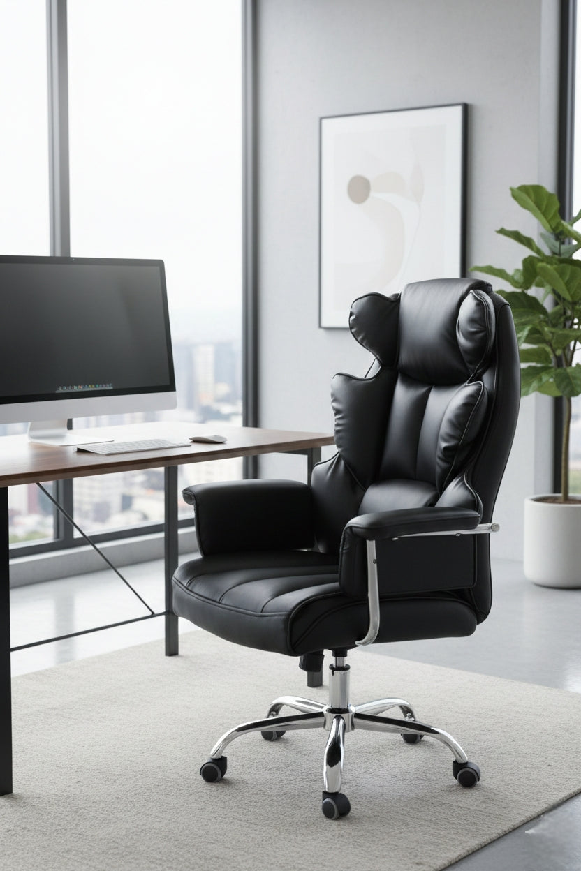 Executive leather office chair with butterfly design, adjustable height, and swivel function.