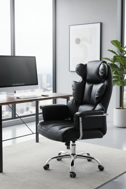Executive leather office chair with butterfly design, adjustable height, and swivel function.