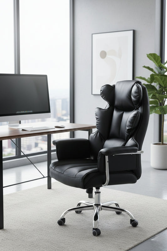 Executive leather office chair with butterfly design, adjustable height, and swivel function.