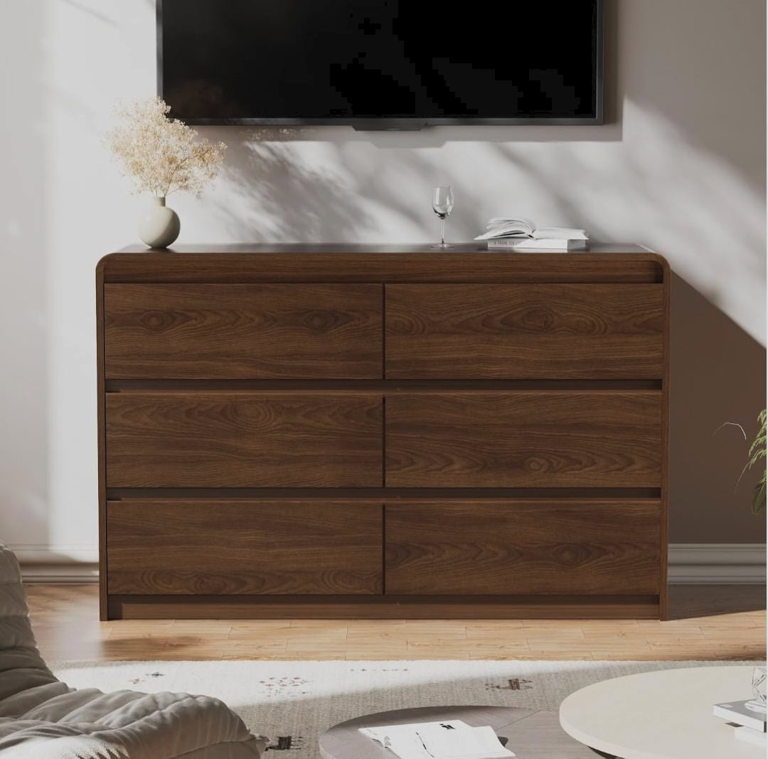 Walnut 6-Drawer Dresser Chest of Drawers with Anti-Tipping Structure 120x40x75cm