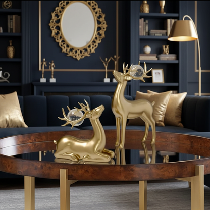 2Pc Golden Deer Resin Ornaments With Crystal Ball