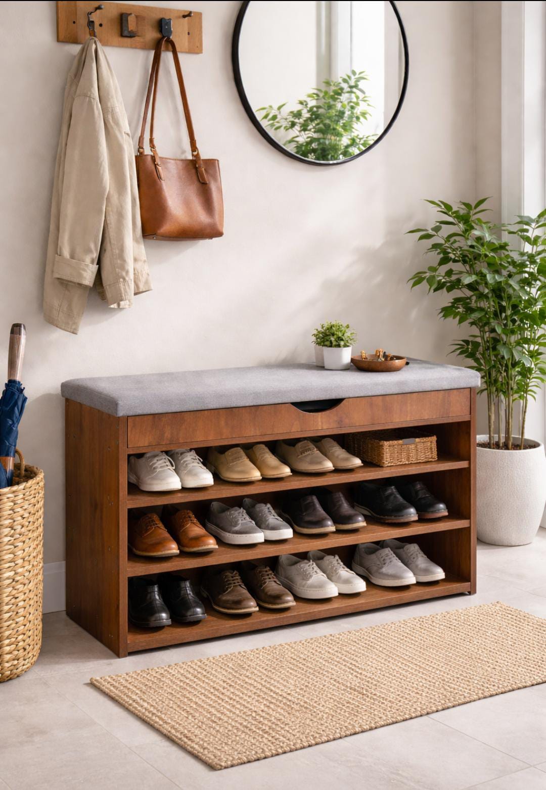 3-Tier rubberwood shoe rack bench with seating for entryway organization