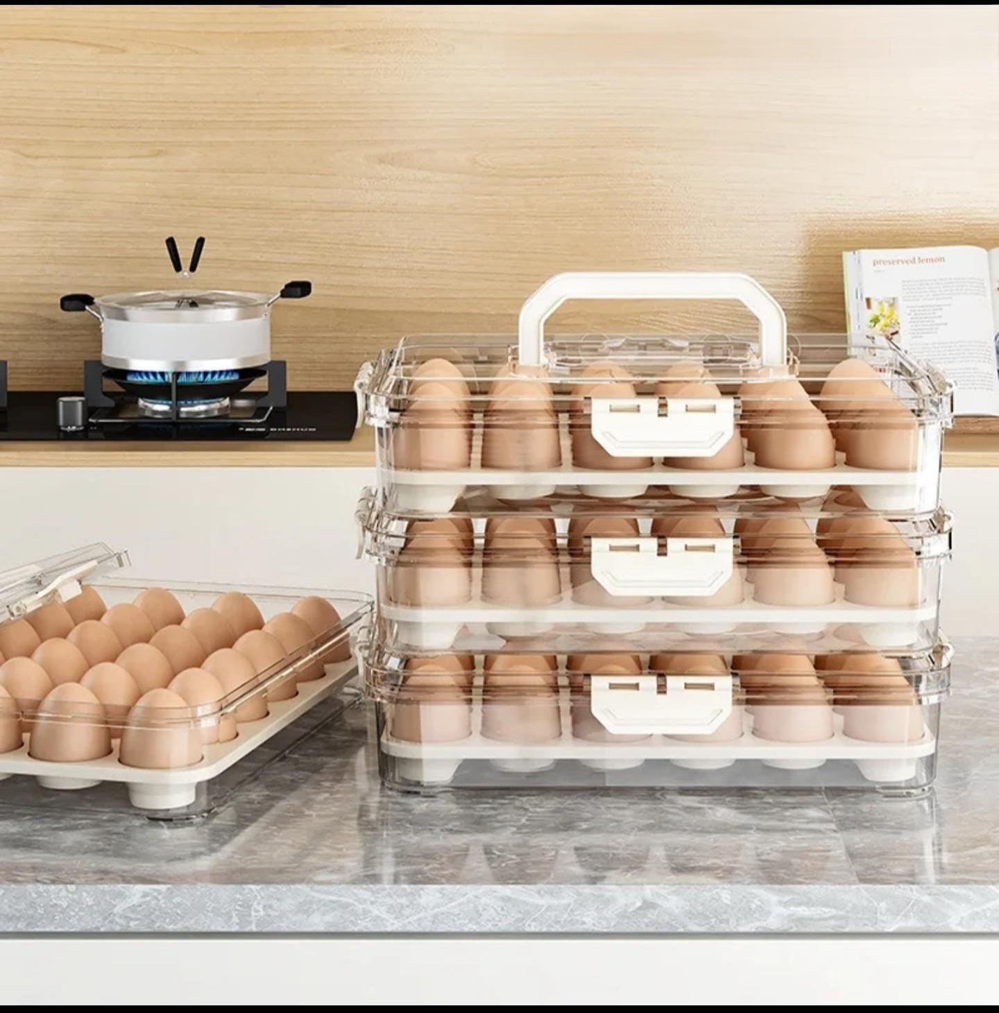 Clear hard acrylic egg holder with handles holding up to 24 eggs.