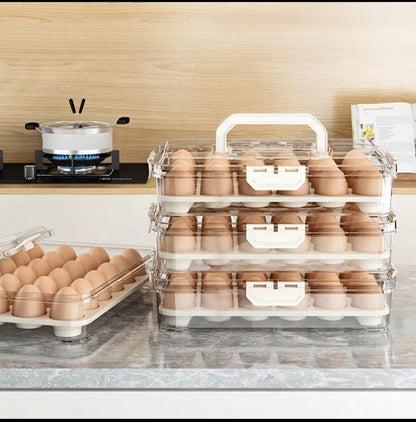 Clear hard acrylic egg holder with handles holding up to 24 eggs.