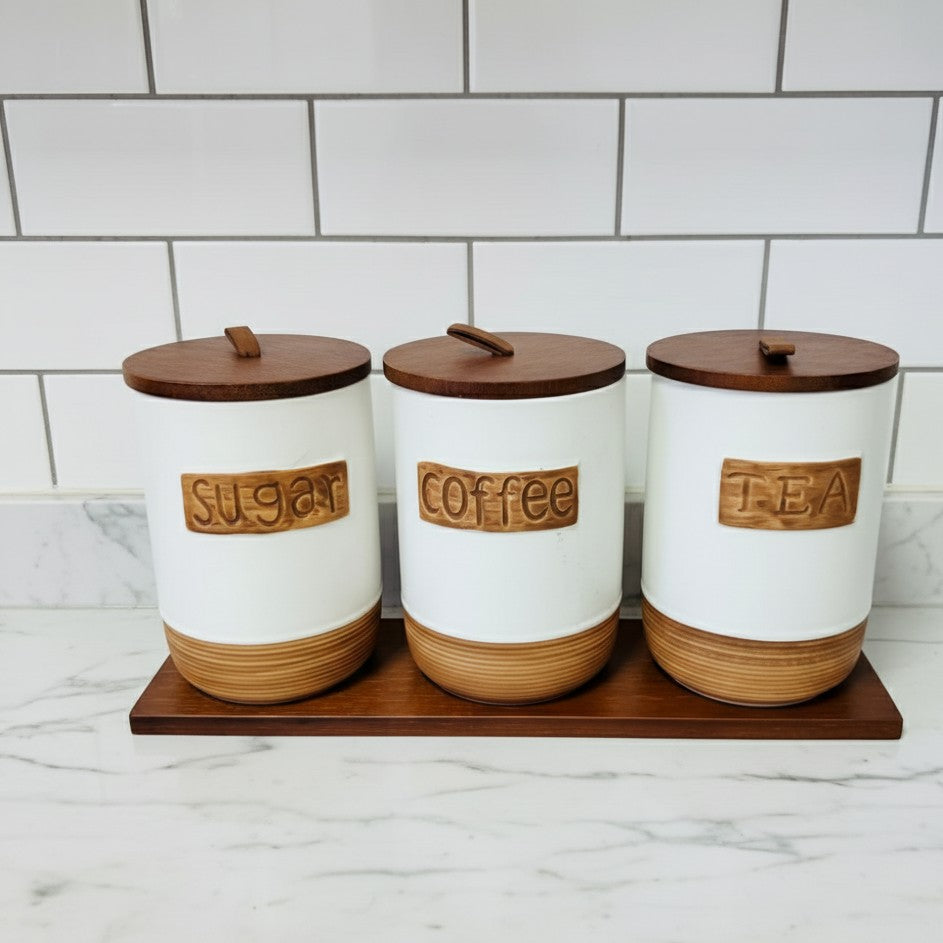 3-piece ceramic canister set with bamboo tray and airtight lids code C
