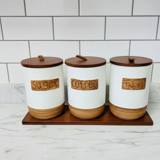 3-piece ceramic canister set with bamboo tray and airtight lids code C