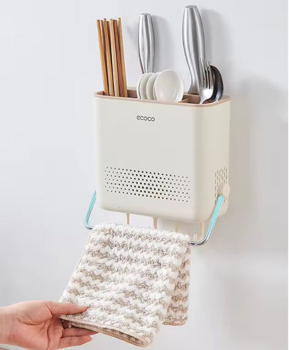 White multifunctional kitchen cutlery storage rack drainer on countertop